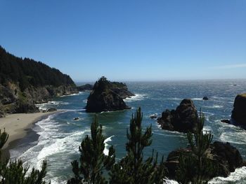 Scenic view of sea against clear blue sky