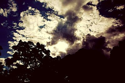 Low angle view of silhouette trees against dramatic sky