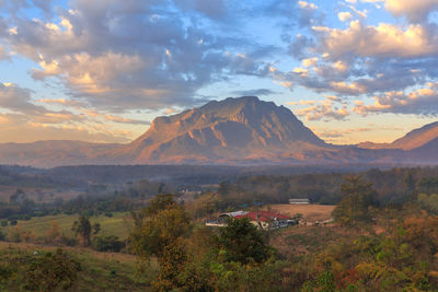 Scenic view of mountains against sky during sunset