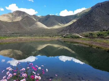 Scenic view of lake and mountains against sky