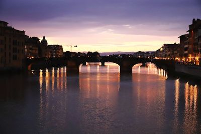 Bridge over river by illuminated buildings against sky at sunset