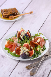 High angle view of food in plate on table