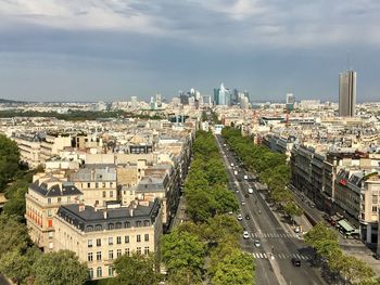 High angle view of paris with view on la défense from triumph arch in paris 