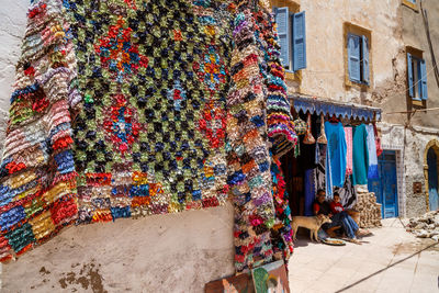 Multi colored umbrellas on wall