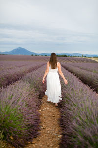 Rear view of woman standing on field against sky