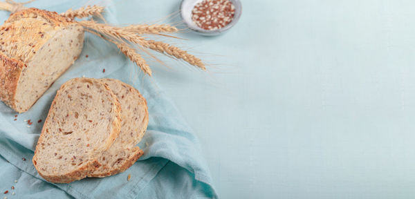 Sliced fresh baked whole grain bread with flax seeds