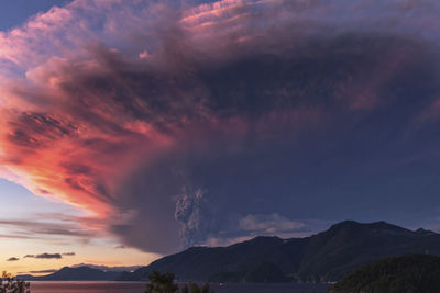 Scenic view of mountains against sky at sunset