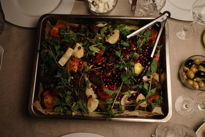 High angle view of meal served on table