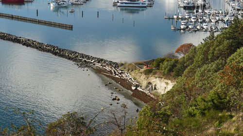 High angle view of boats in river
