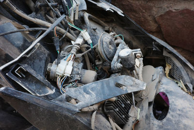 High angle view of motorcycle engine in bad condition 