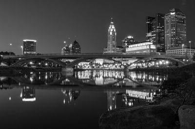 Bridge over river with buildings in background at night