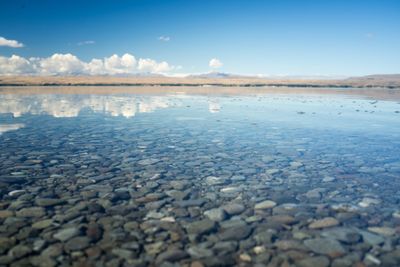 Surface level of lake against sky at lake in south island of nz 