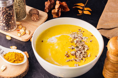 High angle view of soup in bowl on table