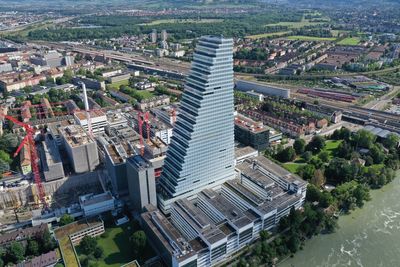 High angle view of buildings in city