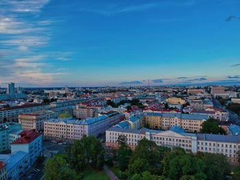 High angle view of buildings in city