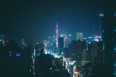 Illuminated buildings in city at night