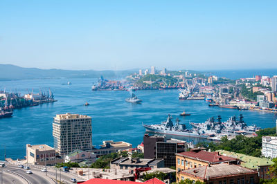 High angle view of buildings in city