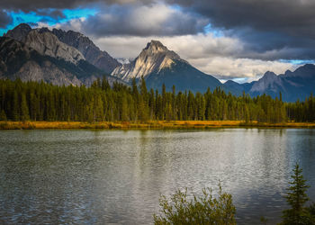 Scenic view of lake by mountains against sky