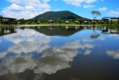 Scenic view of lake by mountains against sky