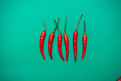 Close-up of red chili pepper over blue background