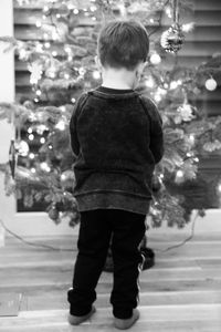 Rear view of boy standing in illuminated christmas tree