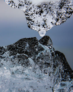 Waterdrop on melting ice at diamond beach, jökulsárlón, iceland.