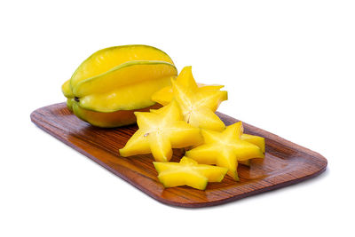 Close-up of fruit in plate against white background