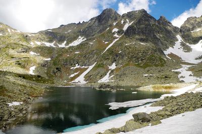 Scenic view of lake and mountains against sky