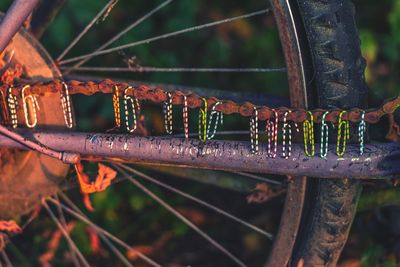 Cropped tire of bicycle with clothespins