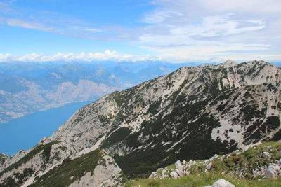 High angle view of mountains and river against sky