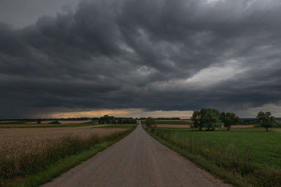 Road amidst field against cloudy sky