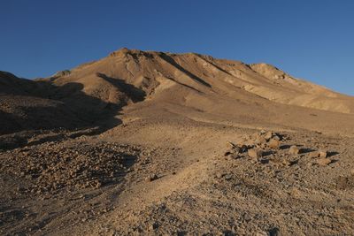 Scenic view of desert against clear blue sky