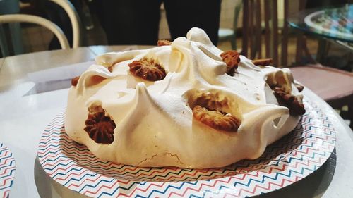 High angle view of dessert in plate on table