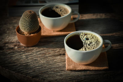 High angle view of coffee and cup on table