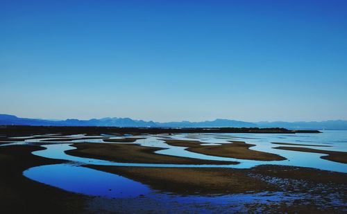 Scenic view of lake against clear blue sky