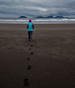 Rear view of siblings on beach against sky