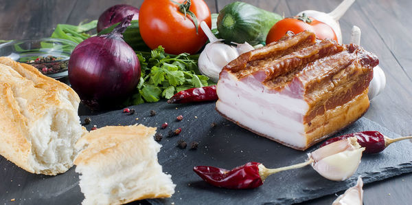 High angle view of fruits in plate on table