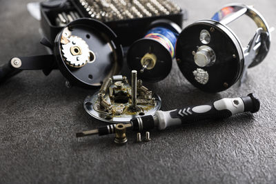 Close-up of dumbbells on table