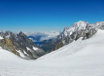 Scenic view of mountains against clear blue sky