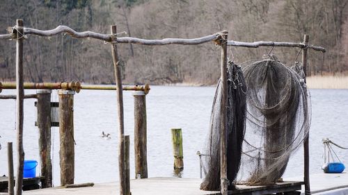 Close-up of wooden post in lake during winter