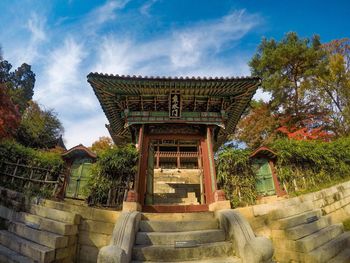 Low angle view of temple against cloudy sky