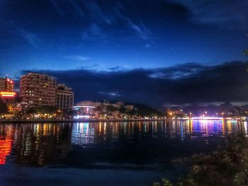 Reflection of illuminated buildings in water at night