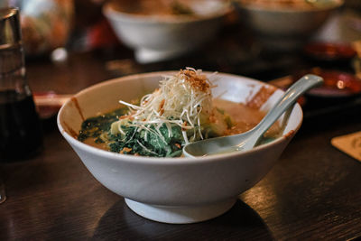 Close-up of soup in bowl on table