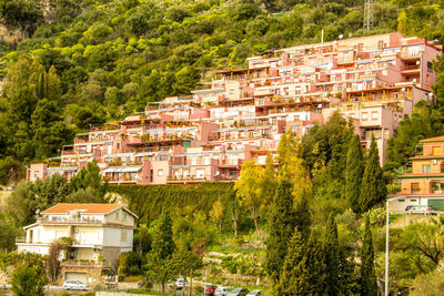 High angle view of buildings in town