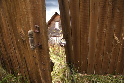 Close-up of wooden fence against plants