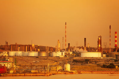 Factory against orange sky