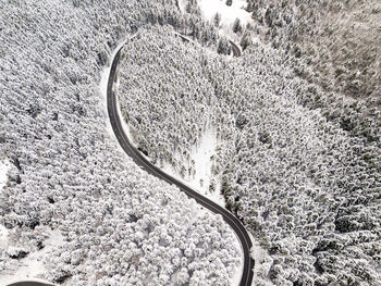 High angle view of snow on field during winter