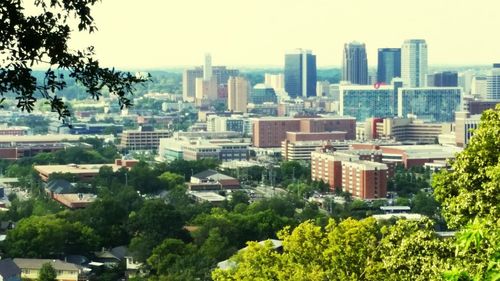 High angle view of trees and buildings in city