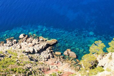 High angle view of sea and rocks