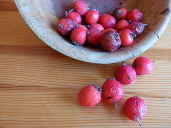 High angle view of strawberries in bowl on table